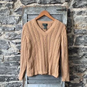Lauren Ralph Lauren Tan Cable-Knit V-Neck Sweater